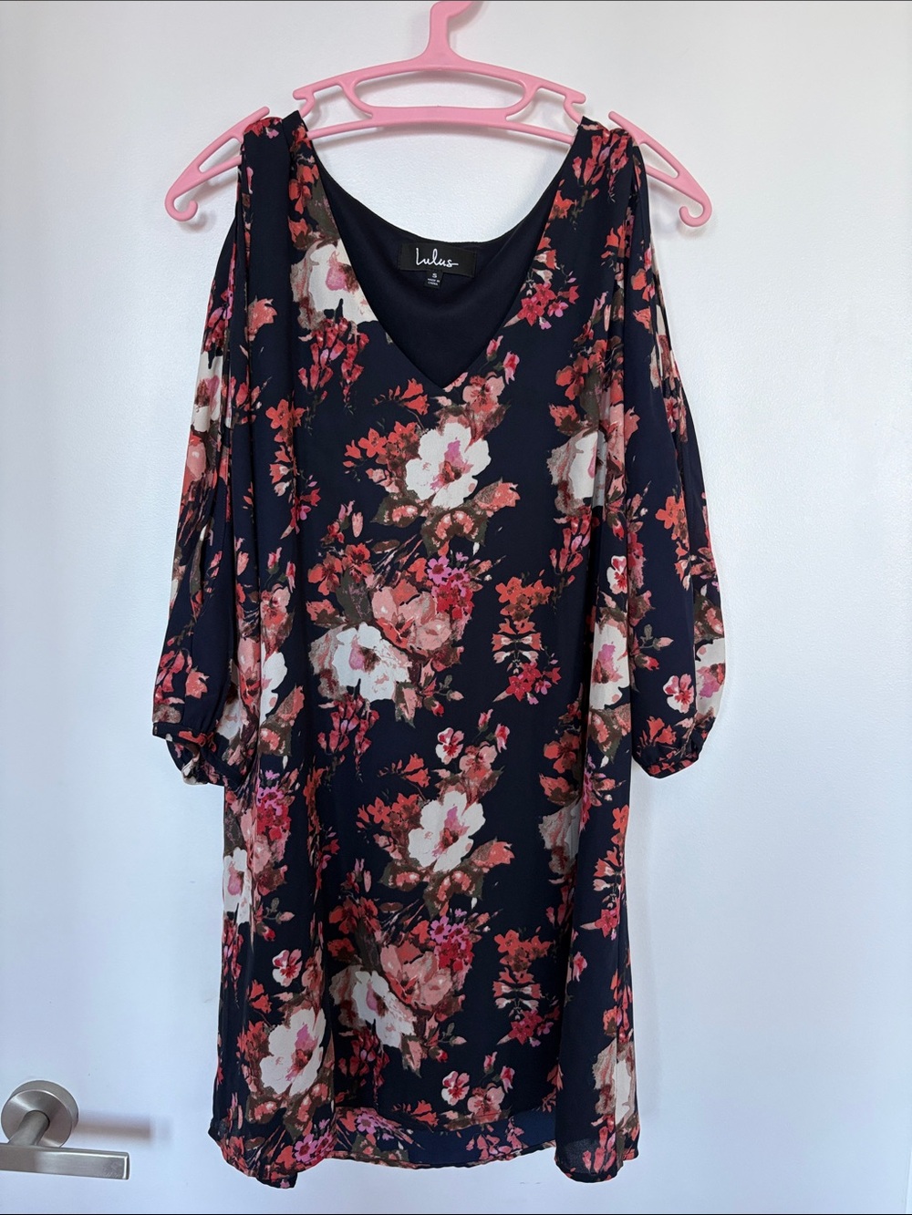 Lulu's Navy Floral V-Neck Midi Dress - Pink & White Blooms